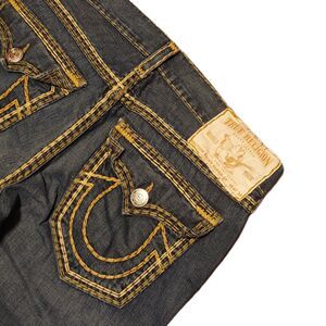 True Religion Super QT Gold Yellow Green Stitching Contrast Stitch Sz38 Darkwash